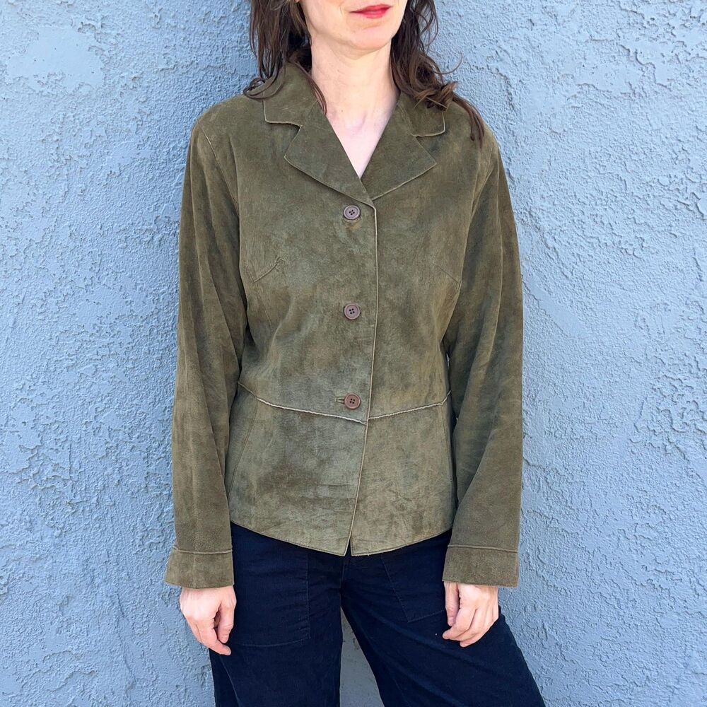 Olive Green Suede Jacket Medium Y2k luxury - Picture 2 of 8